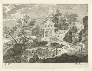 Pousada e algumas casas por uma ponte Paisagens do Tirol (título da série) de Egidius  Sadeler (II)