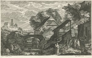 Casas ao lado de um rio Oito paisagens da Boêmia (título da série) de Egidius  Sadeler (II)