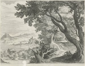 Paisagem com duas figuras debaixo de uma árvore de Egidius  Sadeler (II)