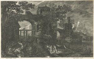 Cena noturna com pescadores em um rio Oito paisagens na Boêmia (título da série) de Egidius  Sadeler (II)