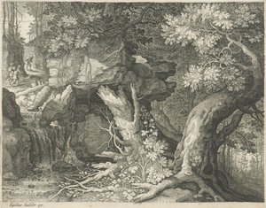 Viajantes acima de uma cachoeira Seis paisagens (título da série) de Egidius  Sadeler (II)