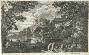 Paisagem fluvial com pescadores e operários
Oito paisagens na Boémia (título da série) de Egidius  Sadeler (II)