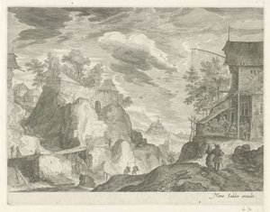 Paisagem rochosa com pousada e casas
Paisagens de montanha do Tirol (título da série) de Egidius  Sadeler (II)