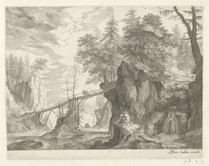 Desenhador sentado em uma pedra em frente a uma ponte Paisagens montanhosas do Tirol (título da série) de Egidius  Sadeler (II)