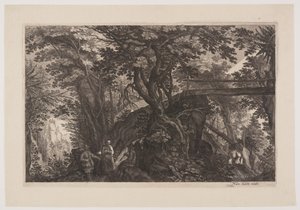 Uma floresta com uma ponte de madeira à direita, de Oito cenas da Boémia de Aegidius Sadeler II