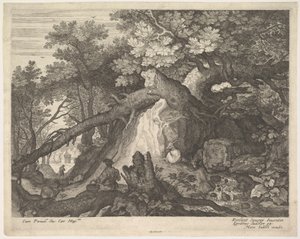Um homem segurando um cajado e sentado em um tronco de árvore, com duas cabras de cada lado, surro ..., ca. 1600