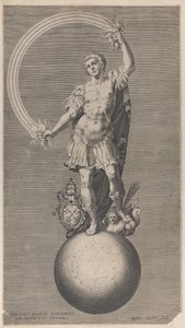 Figura alegórica de um guerreiro de pé sobre um globo com o brasão papal a..., c. 1588-1629.