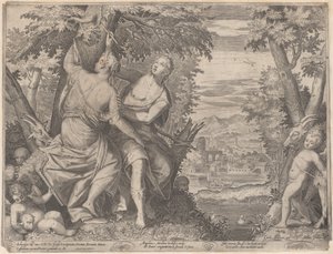 Angélica e Medoro, eles ficam ao lado de um riacho enquanto Medoro esculpe seus nomes em um tr..., 1590-98.