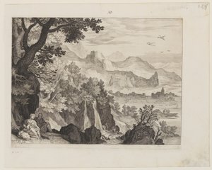 Paisagem montanhosa com o resto do voo para o Egito de Aegidius Sadeler II