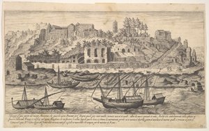 Ilustração 21: vista a oeste das ruínas do Monte Aventino, Roma, com barcos no rio ..., 1606.
