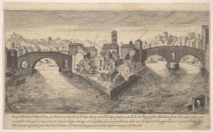 Ilustração 37: vista da igreja de San Bartolomeo allIsola na Ilha Tiberina, Roma, ladeada por ..., 1606.