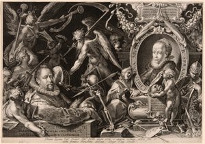Retrato de Bartolomaeus Spranger com uma alegoria da morte da sua mulher, Christina Müller de Aegidius Sadeler II