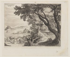 Paisagem de rio com duas pessoas sentadas debaixo de uma árvore de Aegidius Sadeler II