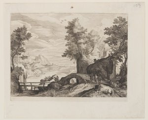 Paisagem fluvial com uma ponte de pedra e uma ponte de madeira de Aegidius Sadeler II
