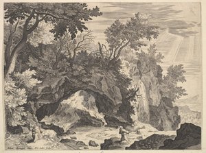 Paisagem rochosa com a estigmatização de São Francisco. de Aegidius Sadeler II