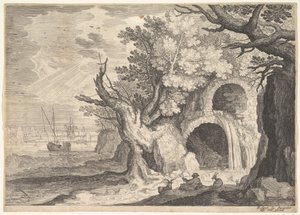 Aqueduto em ruínas com água derramando dele para um riacho abaixo, navios no mar além, a ..., ca. 1600
