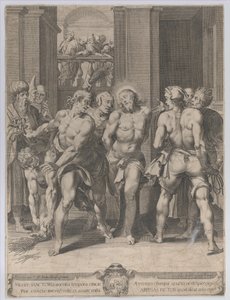 A Flagelação de Cristo, com açoites de cada lado e figuras assistindo de uma varanda..., 1593.