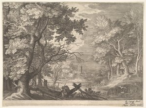 Cena da floresta com margens pantanosas, dois homens e um cão de perfil à esquerda, dois pescoços compridos..., ca. 1600.