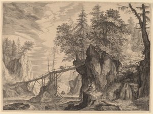 Desenhador em uma pedra antes de uma ponte