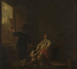 Tabuleta de uma loja de vinhos, com degustação do vinho de um lado e barril do vinho do outro de Aelbert Cuyp (circle of)