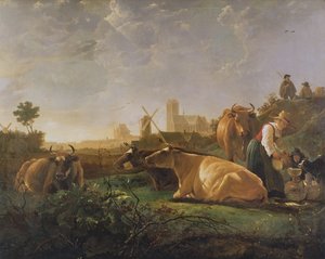 Uma visão distante de Dordrecht com o pastor adormecido e cinco vacas ("O Pequeno Dort"), c.1650-52