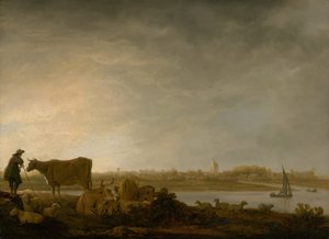Uma vista de Vianen com um pastor e gado por um rio, c. 164345. de Aelbert Cuyp