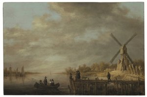 Uma paisagem fluvial com um moinho de vento e pessoas num barco a remos e num cais em primeiro plano (óleo sobre painel) de Aelbert Cuyp