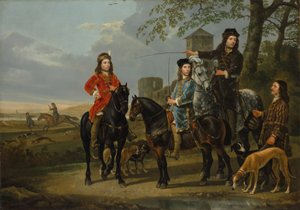 Retrato equestre de Cornelis e Michiel Pompe van Meerdervoort com seu tutor e cocheiro, começando para a caça, c.1652-53 de Aelbert Cuyp