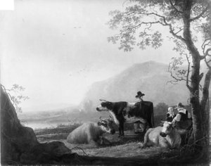 Paisagem com três vacas e pastores de Aelbert Cuyp