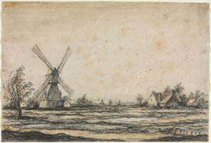 Paisagem com um moinho de vento perto de uma fazenda de Aelbert Cuyp