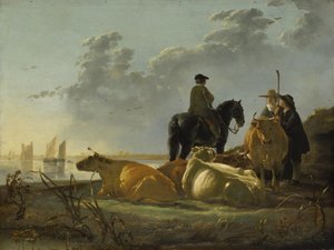 Camponeses e gado junto ao rio Merwede, c.1655-60 (óleo no painel) de Aelbert Cuyp