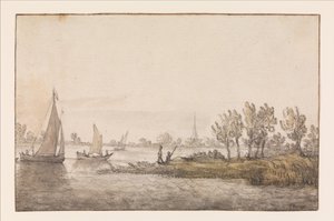Paisagem fluvial com barcos à vela