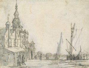 Vista do Groothoofdspoort do nordeste, Dordrecht, 1618 (giz no papel) de Aelbert Cuyp