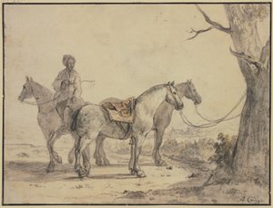 Dois cavalos selados atados a uma árvore, com um cavaleiro