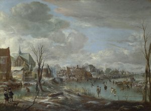 Um Rio Congelado perto de uma Aldeia, com Golfistas e Skaters, c. 1647-1648 de Aert van der Neer