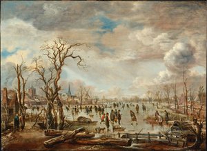 Paisagem de inverno com prazeres de gelo, c. 1655 de Aert van der Neer