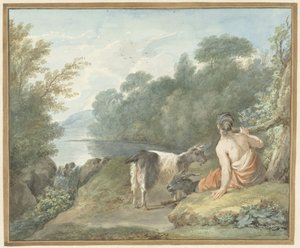 Pastora com cabras em uma paisagem com lago de Aert Schouman