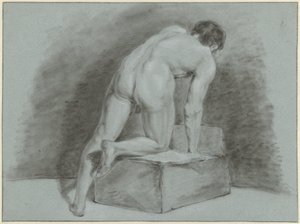 Nu masculino, curvado, visto de trás