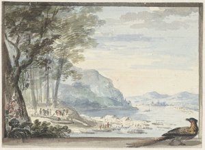 Paisagem fluvial com uma ave em primeiro plano de Aert Schouman