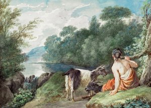 Pastora com cabras numa paisagem com um lago de Aert Schouman