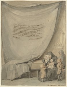 Viúva com quatro crianças perto de um caixão de Aert Schouman