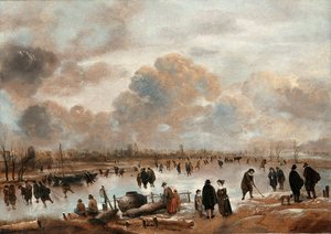 Uma paisagem de inverno com skatistas e habitantes da cidade em uma hidrovia congelada de Aert van der Neer