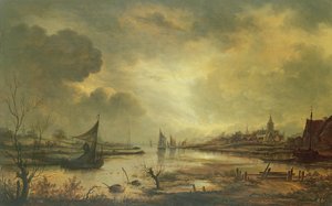 Cidade holandesa às margens do rio ao luar (óleo no painel) de Aert van der Neer