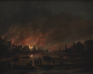 Incêndio em uma vila à noite de Aert van der Neer