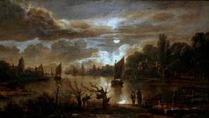 Alemão: Mondscheinlandschaft mit breitem Kanal Paisagem lunar com um ribeiro largo de Aert van der Neer