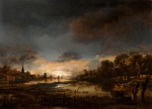 Paisagem ribeirinha ao pôr-do-sol de Aert van der Neer