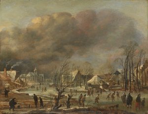 Queda de neve em uma vila ao lado de um canal congelado, 1630-77 de Aert van der Neer