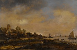Ampla paisagem fluvial com castelo e aldeia de Aert van der Neer
