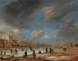 Paisagem de Inverno perto de uma cidade com Kolf Players de Aert van der Neer