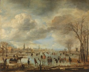 Paisagem de Inverno perto de uma Cidade com Jogadores de Kolf e Cavalos de Treino de Aert van der Neer